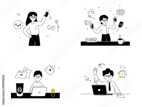 Multitasking Mayhem: This illustration depicts the chaotic reality of multitasking, showing four individuals overwhelmed by the constant flow of tasks, deadlines, and notifications.