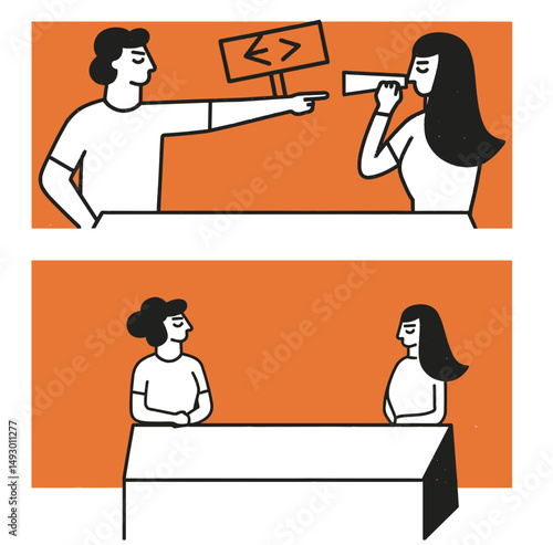 Communication Breakdown: An illustration depicting a communication breakdown between two individuals. The top panel shows a person pointing and a person using a megaphone, indicating miscommunication.