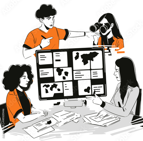 Analyzing the Strategy: Team's Deliberation on the Digital Map : A graphic rendering depicts a group of professionals intently reviewing a digital map on a large monitor.