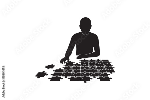 Silhouette of a Focused Puzzle Solver - Jigsaw Solver Silhouette
