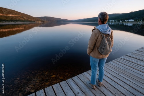 Wallpaper Mural A person stands on a wooden dock, gazing at the tranquil lake and surrounding hills during sunrise, embodying a moment of serenity and reflection in nature's embrace. Torontodigital.ca