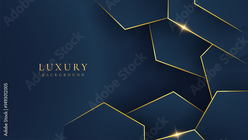 Abstract hexagonal dark blue luxury background with shining golden lines. Modern futuristic background