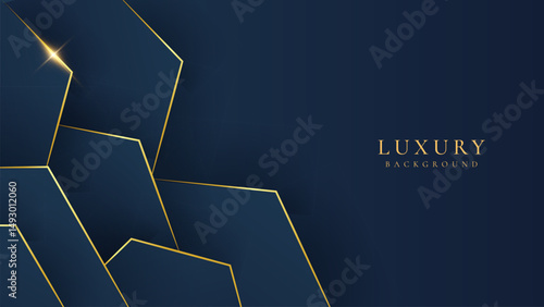 Abstract hexagonal dark blue luxury background with shining golden lines. Modern futuristic background