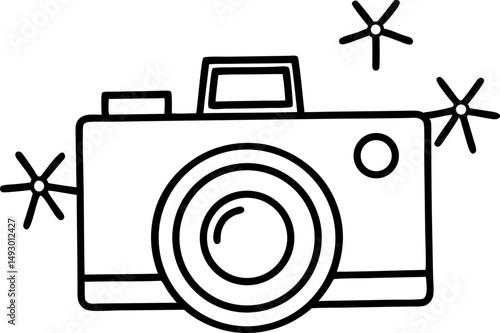 Camera Flash With Sparkle Line Art Vector Illustration