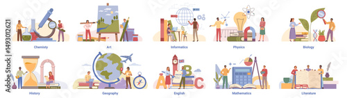 Disciplines and subjects at school and classes. Vector small people and big items. Chemistry and art, informatics and physics, biology and history, geography and english, mathematics and literature