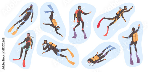 Divers wearing flippers and goggles, oxygen masks. Vector isolated scuba diving activity, sports and summer recreations and leisure time. Cartoon personages exploring underwater world