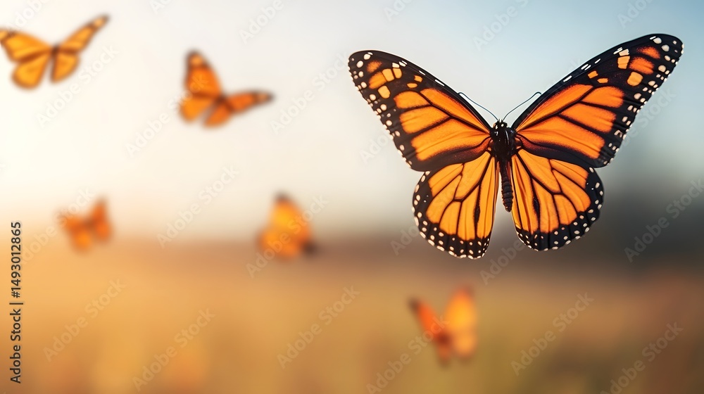 Obraz premium Monarch butterflies flying in a sunny meadow