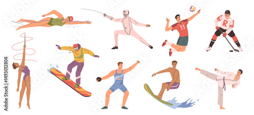 Sports and hobbies, isolated set of people with active lifestyle. Vector in flat style, fencing and football, rhythmic gymnastics and surfing, snowboarding and karate, swimming and hockey