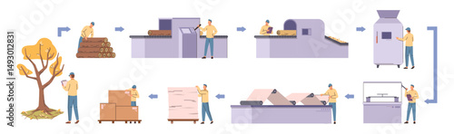 Production of paper, isolated machinery and worker or operator on conveyor line. Vector in flat style, wood processing and cutting, making pulp and creating cellulose. Manufacturing process