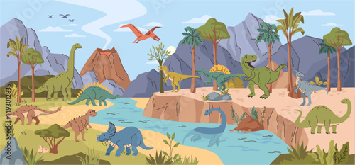 Nature landscape of grassland with rocky mountains and active volcano, river and cliffs. Vector scenery of prehistoric Jurassic period with different types of dinosaurs, rocks and meadow grasses