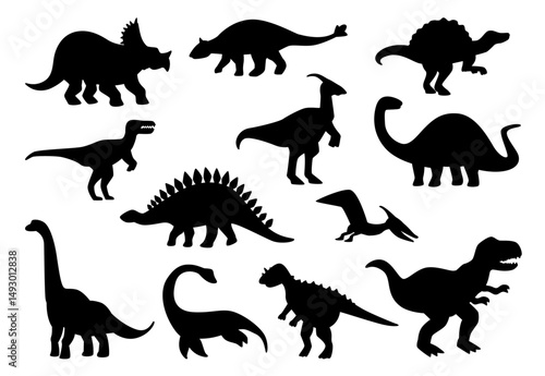 Dinosaurs silhouettes, extinct animals from prehistoric period. Vector dino triceratops and stegosaurus, Jurassic creatures and species with wings, fins and claws. Marine and land wild reptile