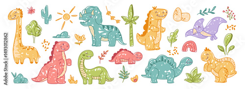 Funny jurassic dinosaurs with eggs, leaves and flowers. Vector childish prehistoric dino paleontology draw. Strgozaurus and pelosaurus, triceratops and ankylosaurus, tyrannosaurus and pterodactylus