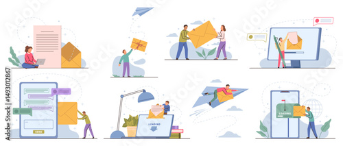 Newsletter subscription, people sending and receiving emails in internet. Vector isolated characters using smartphones, tablets and personal computers to work with correspondence and communicate