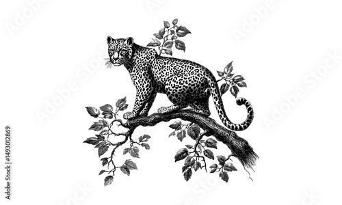 Hand-drawn leopard on tree vintage etching, monochrome big cat wildlife art, retro exotic animal sketch for jungle decor, trendy classic engraving style, safari print,