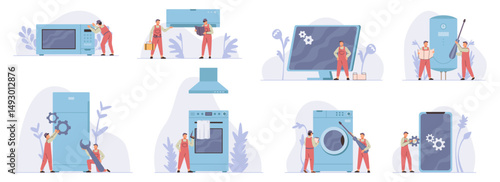 Home appliances fixing and maintenance. Vector in flat style, isolated repair technician analysis. Smartphone and PC, air conditioner and washing machine, fridge and oven, quick device fix