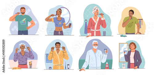 Mouth health and professional periodontal hygiene procedures. Vector isolated set of people doing daily oral care. Toothbrushing, dental floss and mouthwash with special medical things