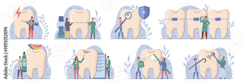Little doctors with big molars. Vector orthodontic treatment, dental sealing or fluoridation. Brushing, flossing and rinsing. Pain relief and cavities protection. Services and maintenance of health