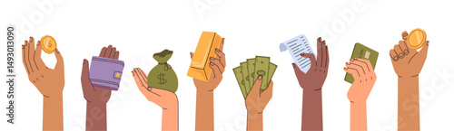 Money in hands. Vector in flat style, isolated arms holding banknotes and golden bar, coin and credit card, sack of assets. Finances and saving, deposit and investment, business and economy