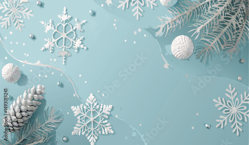 Festive winter scene with snowflakes, pinecones, and decorative elements on a blue background.