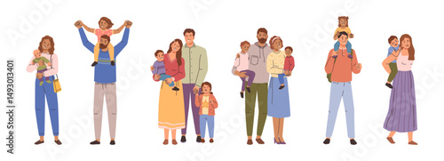 Parents holding children, happy family relationship and spending time together. Vector dad and mom with son and daughter, sisters and brothers. Smiling people posing for photo or picture