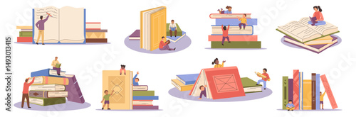 Readers of books, smart characters studying. Vector isolated small people and large volumes of published material. Shop or library, hobby literature or educational textbooks in bookstores