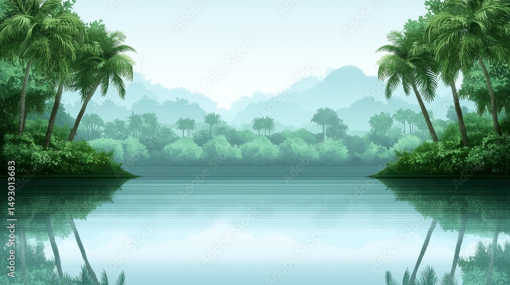 Obraz premium Tranquil azure sky reflected in serene lake with lush coconut trees