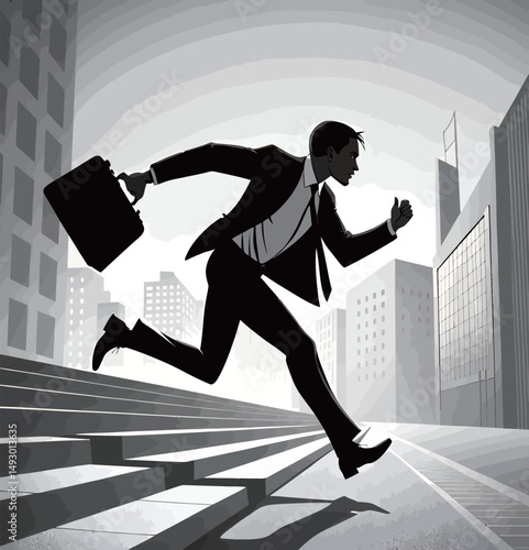 A determined businessman races down the stairs in a bustling cityscape.