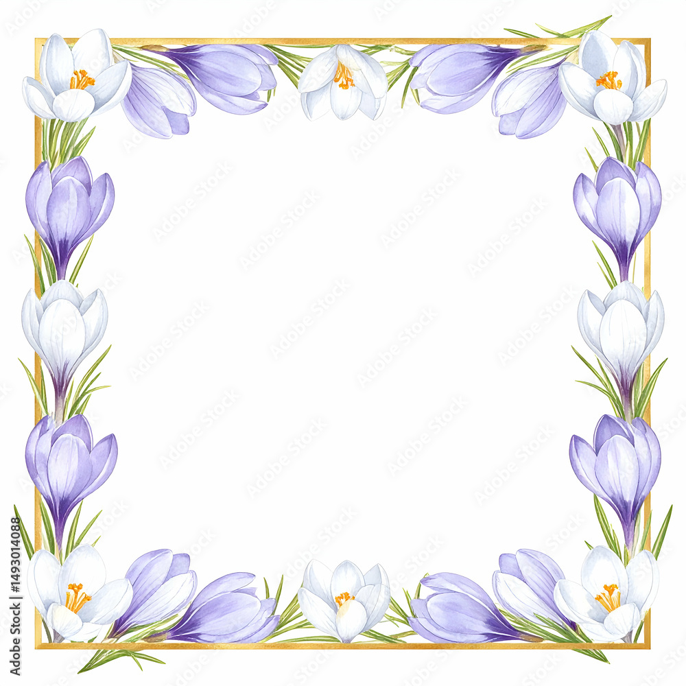 Fototapeta premium Spring Crocus Frame: A delicate arrangement of fresh, colorful crocus flowers, each petal meticulously crafted, form a vibrant, eye-catching frame.