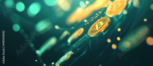 Currency value concept. Cryptocurrency trends with Bitcoin coins and price graph showing fluctuations and trends.