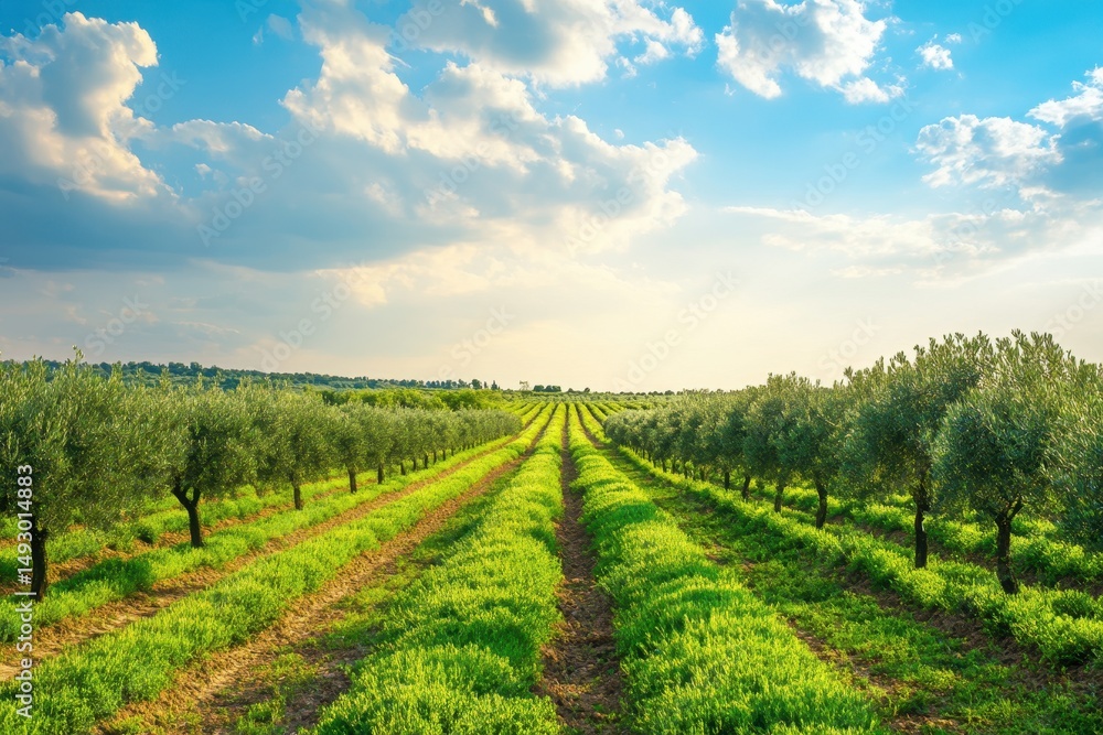 Olive trees lined in neat rows under a bright sky in an olive oil production region during late afternoon, Agriculture industry Olive oil production background Trees in rows Olive trees lined in neat rows under a bright sky in an olive oil production region during late afternoon, Agriculture industry Olive oil production background Trees in rows