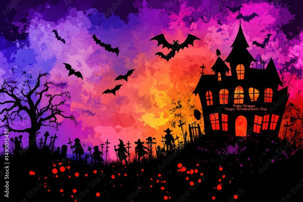 Spooky halloween graveyard scene with haunted house and bats for holiday themes, greeting cards, and party invitations Spooky halloween graveyard scene with haunted house and bats for holiday themes, greeting cards, and party invitations