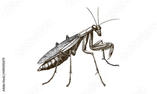 Retro Hand-drawn Mantis Engraving, Vintage Insect Illustration, Monochrome Wildlife Etching, Nature Prints, Old Engraving Style, Garden Art Sketch, Trendy Natural History Drawing
