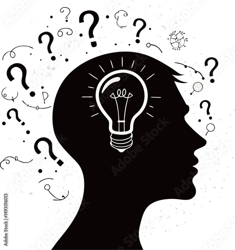 Silhouette of a person with a light bulb symbolizing ideas and questions.