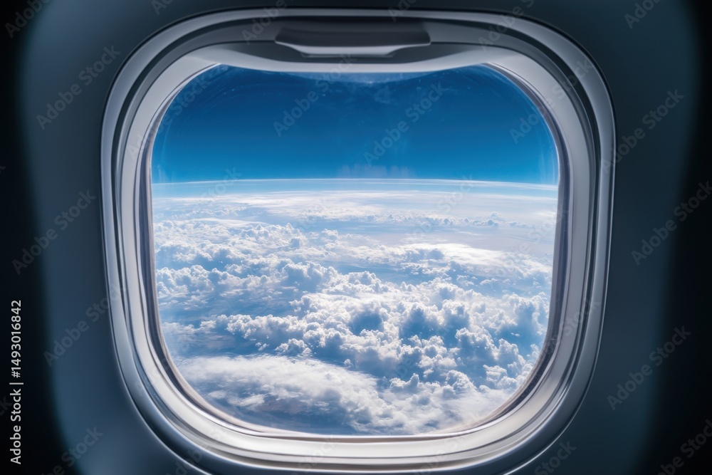 Airplane Window View of Blue Sky and White Clouds Above Earth's Atmosphere during Flight, Close Up Airplane Window View of Blue Sky and White Clouds Above Earth's Atmosphere during Flight, Close Up