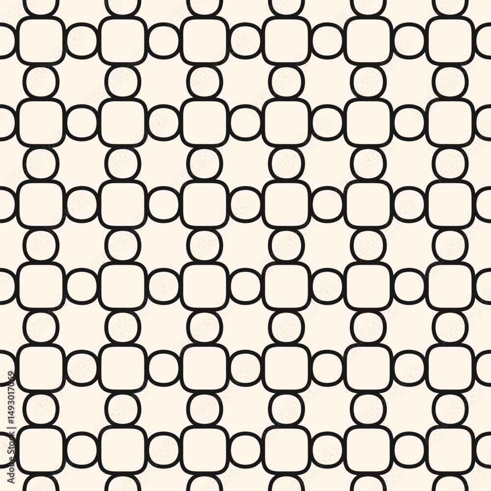 Naklejka premium Abstract monochrome grid seamless pattern. Vector geometric texture with rounded shapes, circles, curved lines, mesh, lattice, net. Simple minimal ornament. Black and white background. Repeated design
