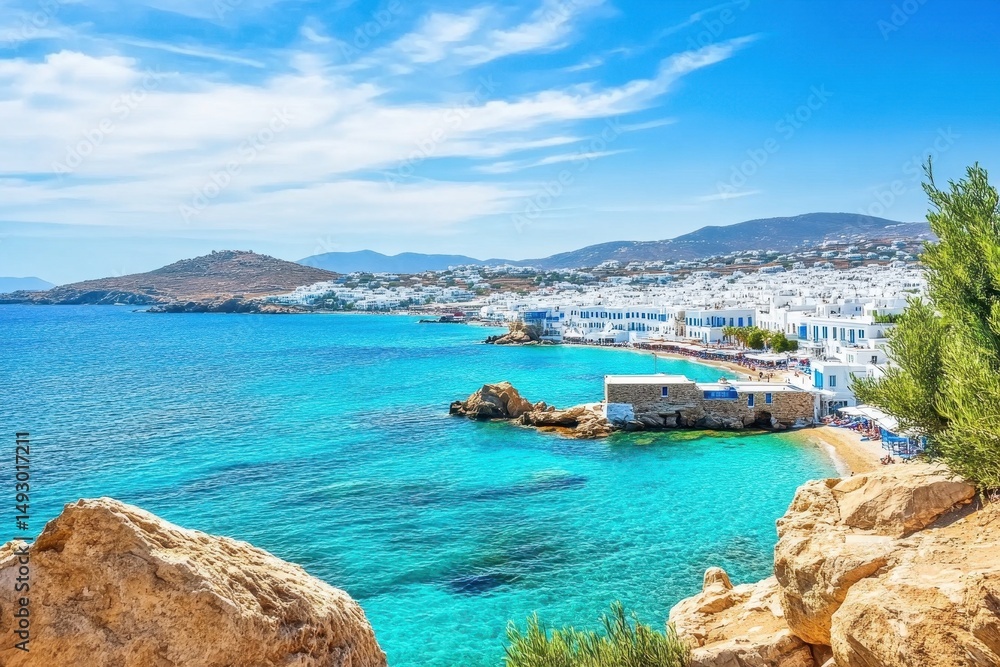Obraz premium Exploring the stunning coastline and crystal-clear waters of Mykonos island in Greece during a summer adventure, Adventure journey to Mykonos island in Greece Famous travel destination