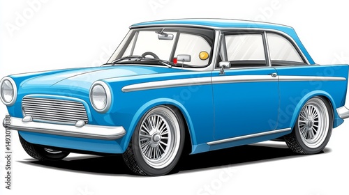 Sleek blue and white car on minimalist white background automotive design aesthetics