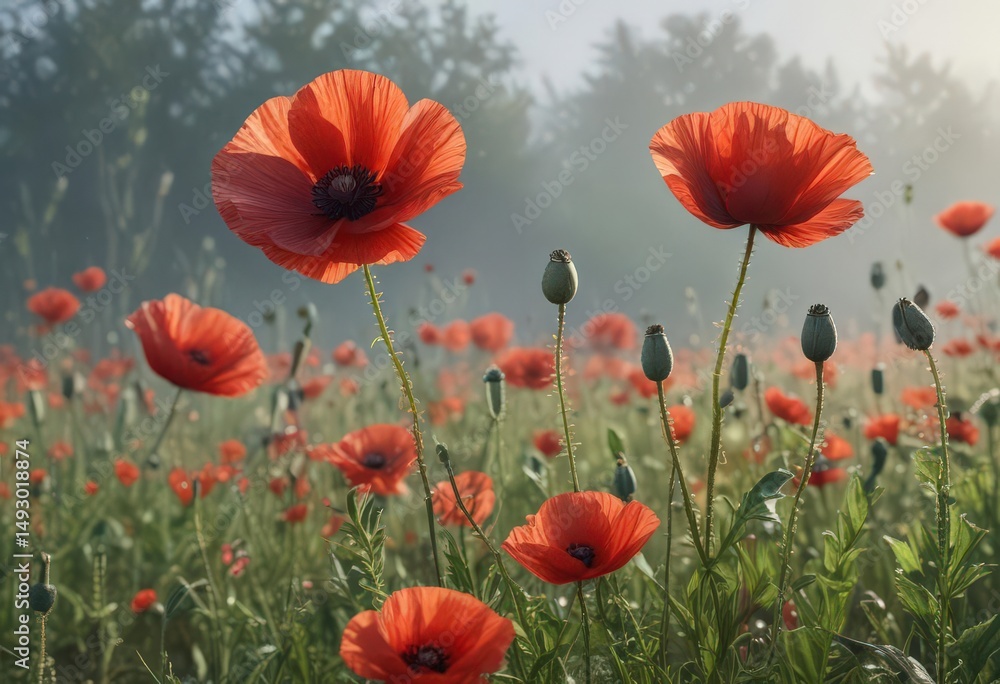 Fototapeta premium Sunlit red poppies emerge from ethereal morning mist, dew-kissed petals , landscape, morning