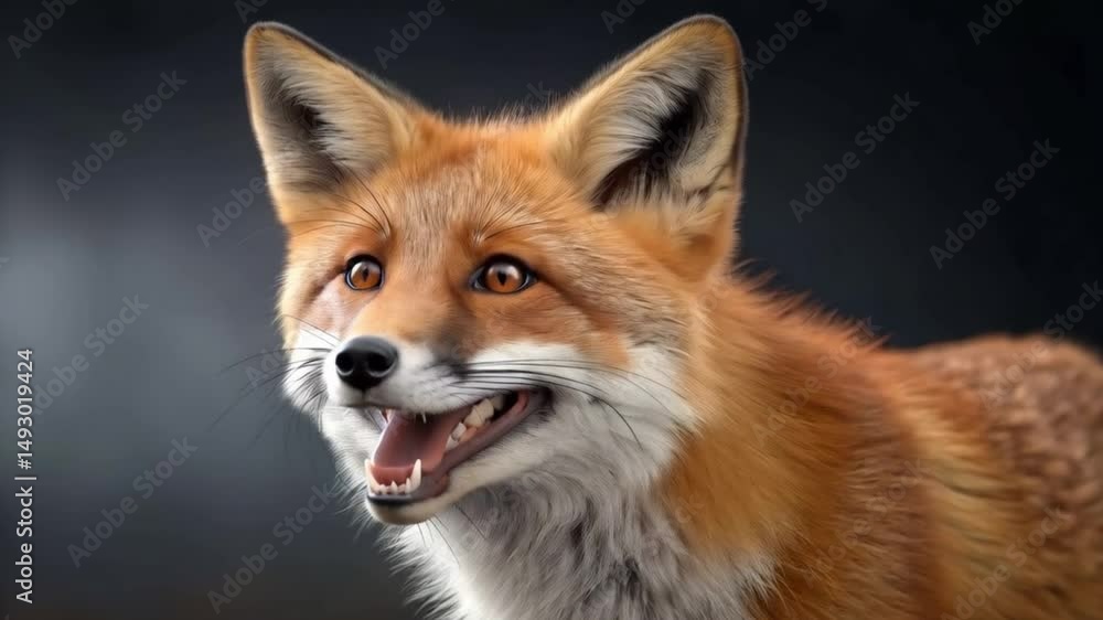 Smiling cute fox head turned sideways, mouth open against dark bokeh Smiling cute fox head turned sideways, mouth open against dark bokeh