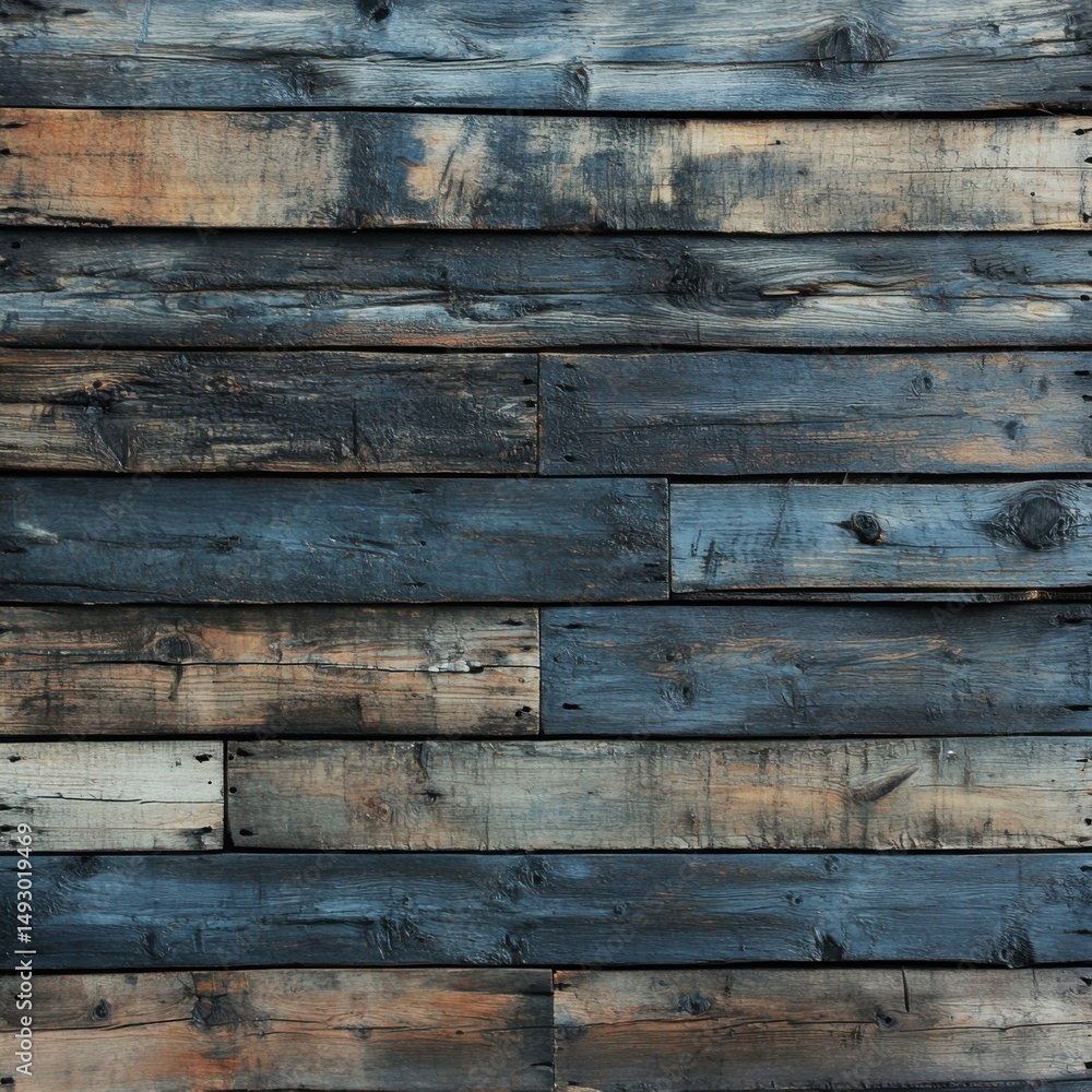 Obraz premium Weathered wood planks forming a rustic wall, close-up view, horizontal orientation, natural light, aged texture, vintage style