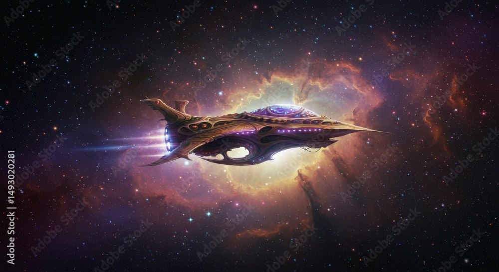 Fototapeta premium Futuristic Starship in Nebula