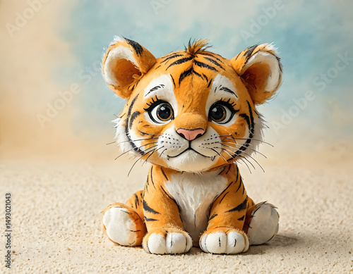 A baby tiger soft toy on a colorful background