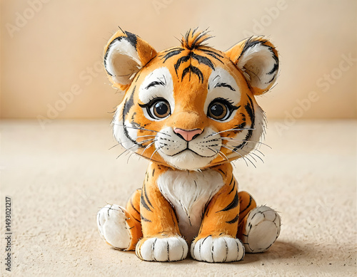 A baby tiger soft toy on a white background