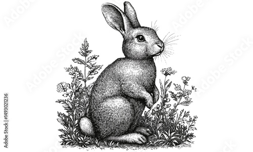 Old engraving style rabbit, monochrome line art, rustic wildlife print, detailed fauna illustration, nature garden sketch, vintage mammal etching, animal lovers’ trendy decor