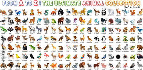 Set of animals collection pack arranged from A to Z, colorful animal vector illustration bundle perfect for design, education and kids content