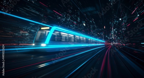 Futuristic high-speed train traversing a vibrant, digitally-enhanced cityscape at night