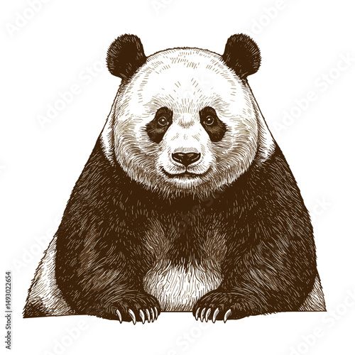 Panda bear sitting calmly against a white background