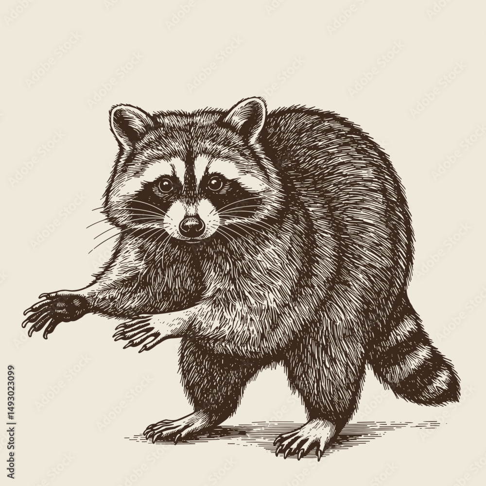 Fototapeta premium Raccoon standing with outstretched paws on light background