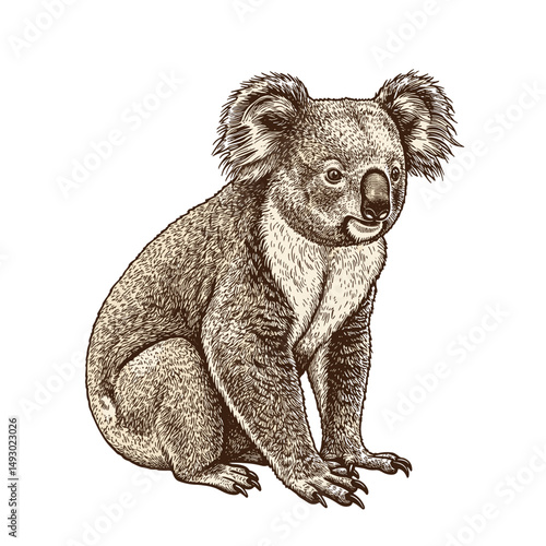Koala sitting calmly against a white background