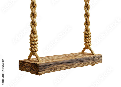 Wooden oak board swing with rope, isolated on a transparent background